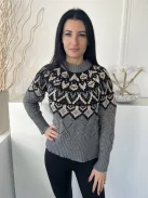 Gallery (S) Szürke-Fekete Felül Mintás, Kerek Nyakú Anyagában Lyukacsos, Kötött Pulóver