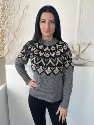   Gallery (S) Szürke-Fekete Felül Mintás, Kerek Nyakú Anyagában Lyukacsos, Kötött Pulóver