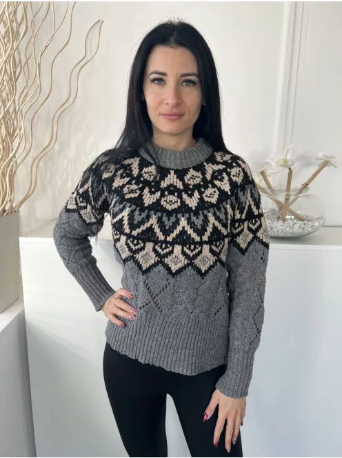 Gallery (S) Szürke-Fekete Felül Mintás, Kerek Nyakú Anyagában Lyukacsos, Kötött Pulóver