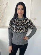 Gallery (S) Szürke-Fekete Felül Mintás, Kerek Nyakú Anyagában Lyukacsos, Kötött Pulóver