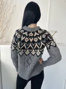Gallery (S) Szürke-Fekete Felül Mintás, Kerek Nyakú Anyagában Lyukacsos, Kötött Pulóver