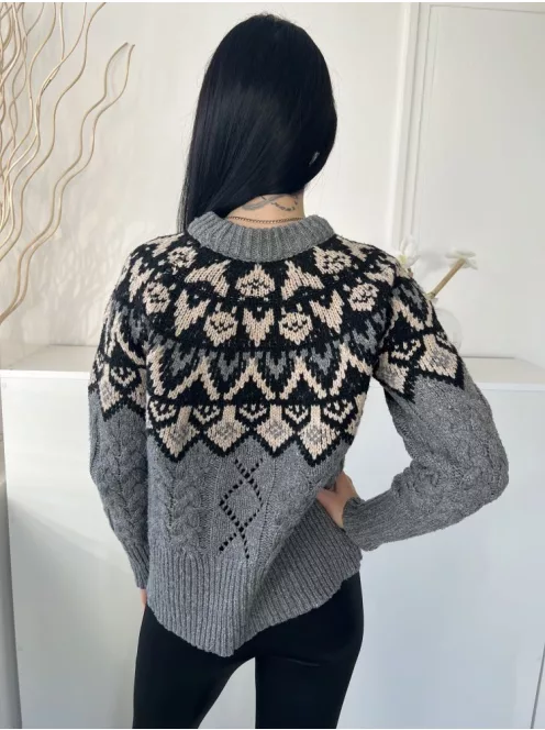 Gallery (S) Szürke-Fekete Felül Mintás, Kerek Nyakú Anyagában Lyukacsos, Kötött Pulóver