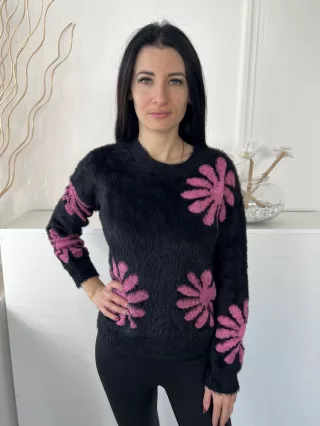   Cameo Rose (S) Fekete Rózsaszín Virágos, Anyagában Szőrös Kerek Nyakú Pulóver