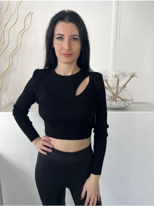 Primark (M) Fekete Felül Kivágott, Kerek Nyakú Anyagában Bordázott, Rövidített Derekú Felső