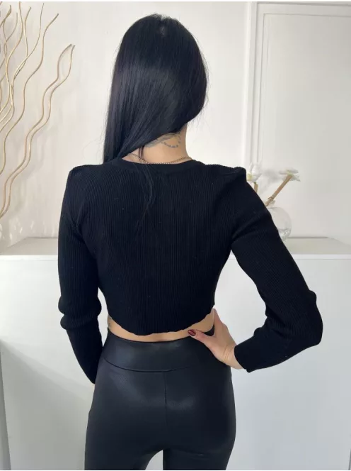 Primark (M) Fekete Felül Kivágott, Kerek Nyakú Anyagában Bordázott, Rövidített Derekú Felső