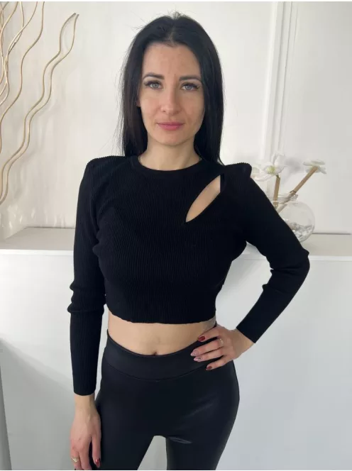 Primark (M) Fekete Felül Kivágott, Kerek Nyakú Anyagában Bordázott, Rövidített Derekú Felső