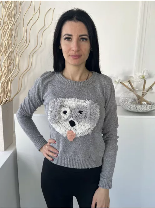 Henry Holland (M) Szürke Elől Bolyhos Kutya Mintás Kerek Nyakú, Gépikötött Felső