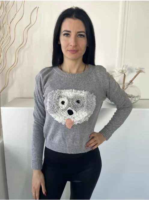 Henry Holland (M) Szürke Elől Bolyhos Kutya Mintás Kerek Nyakú, Gépikötött Felső