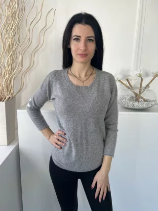    (M) Szürke Könyökén Csillogó Csillagmintás Kerek Nyakú, Kellemes Puha Anyagú Felső