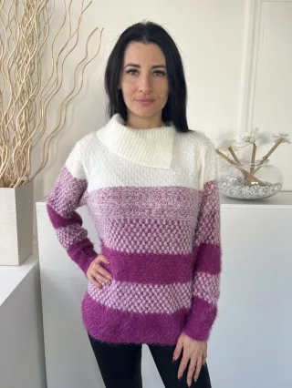   Just Elegance (M) Lila-Fehér Csíkos, Sliccelt Galléros Anyagában Szőrös, Vastag Kötött Pulóver