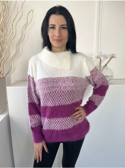 Just Elegance (M) Lila-Fehér Csíkos, Sliccelt Galléros Anyagában Szőrös, Vastag Kötött Pulóver