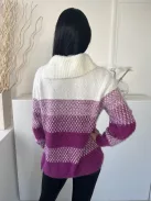 Just Elegance (M) Lila-Fehér Csíkos, Sliccelt Galléros Anyagában Szőrös, Vastag Kötött Pulóver