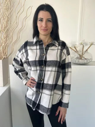   Shein (M) Fehér-Fekete Kockás, Elől Végig Gombos Galléros, Vastag Anyagú Felső