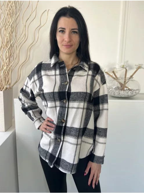 Shein (M) Fehér-Fekete Kockás, Elől Végig Gombos Galléros, Vastag Anyagú Felső