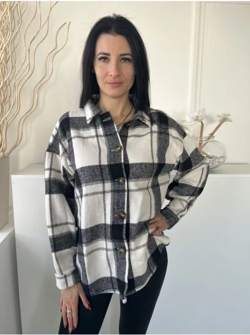 Shein (M) Fehér-Fekete Kockás, Elől Végig Gombos Galléros, Vastag Anyagú Felső