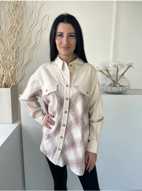 ÚJ River Island (M) Drapp Mályva Kockás, Elől Végig Gombos Mellnél Díszzsebes, Vastag Flanel Anyagú Felső