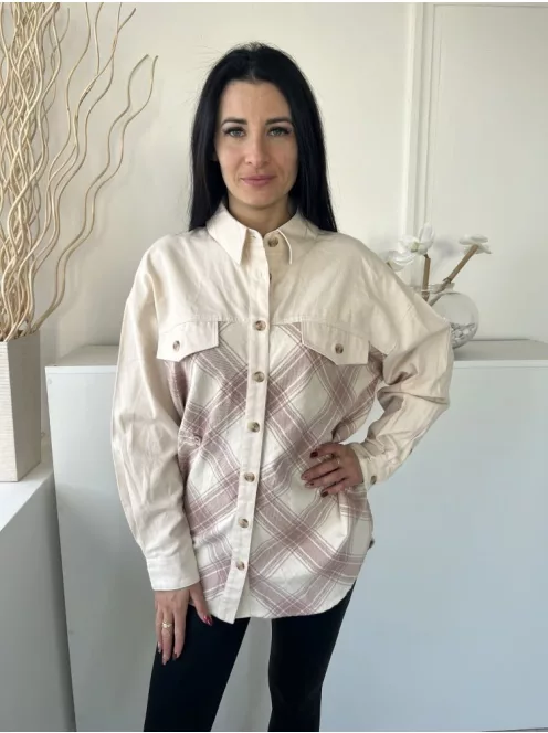 ÚJ River Island (M) Drapp Mályva Kockás, Elől Végig Gombos Mellnél Díszzsebes, Vastag Flanel Anyagú Felső