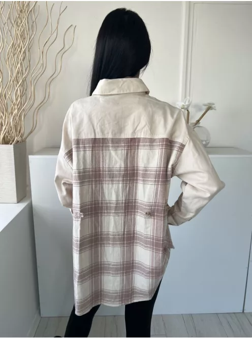ÚJ River Island (M) Drapp Mályva Kockás, Elől Végig Gombos Mellnél Díszzsebes, Vastag Flanel Anyagú Felső