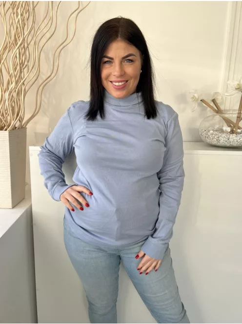 Cotton (M) Égkék 100% Pamut Alapanyagú, Garbós Nyakú Patentos Ujjvégű Felső