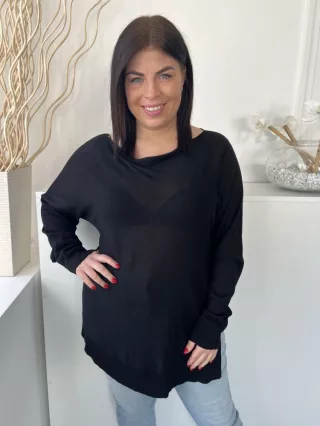   ZARA (M) Fekete Csónak Nyakú, Enyhén Áttetsző Oldalt Sliccelt Felső