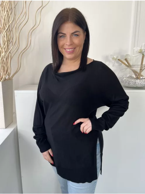 ZARA (M) Fekete Csónak Nyakú, Enyhén Áttetsző Oldalt Sliccelt Felső