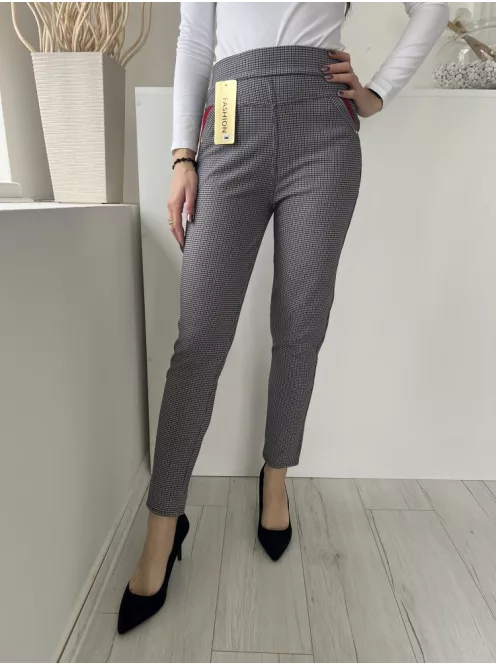ÚJ Fashion (S) Szürke-Lila Apró Tyúkláb Mintás, Gumisderekú Zsebes, Szűkített Szárú, Jersey Anyagú Nadrág
