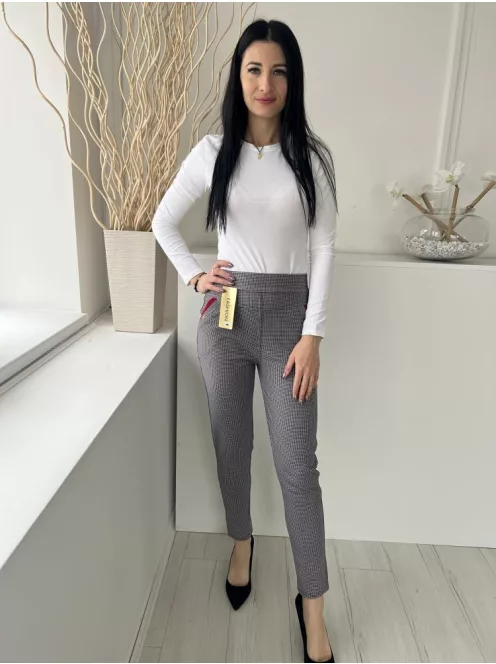 ÚJ Fashion (S) Szürke-Lila Apró Tyúkláb Mintás, Gumisderekú Zsebes, Szűkített Szárú, Jersey Anyagú Nadrág