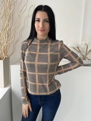   Primark (S) Barna Fekete Tyúklábmintás, Magasított Nyakú Kellemes Anyagú Felső