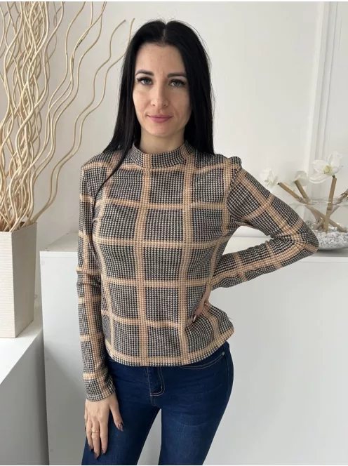 Primark (S) Barna Fekete Tyúklábmintás, Magasított Nyakú Kellemes Anyagú Felső