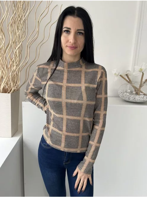 Primark (S) Barna Fekete Tyúklábmintás, Magasított Nyakú Kellemes Anyagú Felső