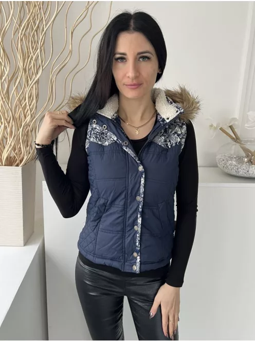 Bellfield (S) Sötétkék Elől Cipzáros, Patentos, Mintás Kapucnis, Szőrme Galléros, Steppelt Mellény