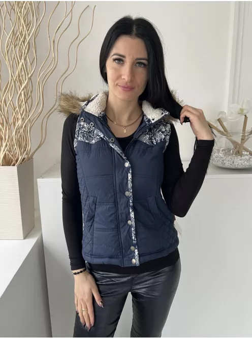 Bellfield (S) Sötétkék Elől Cipzáros, Patentos, Mintás Kapucnis, Szőrme Galléros, Steppelt Mellény