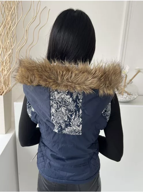 Bellfield (S) Sötétkék Elől Cipzáros, Patentos, Mintás Kapucnis, Szőrme Galléros, Steppelt Mellény