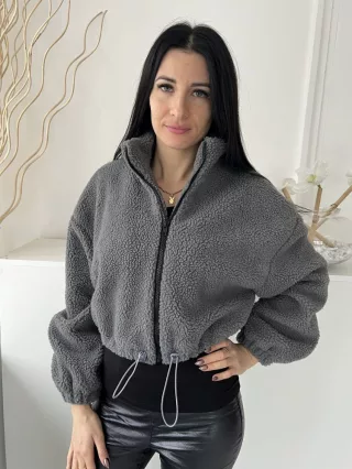   Shein (M) Szürke Elől Cipzáros, Derékban Összehúzható Rövid Fazonú, Teddy Kabát