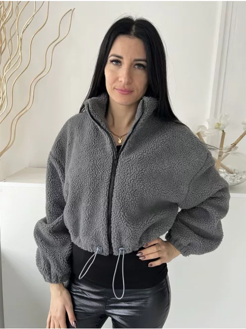 Shein (M) Szürke Elől Cipzáros, Derékban Összehúzható Rövid Fazonú, Teddy Kabát