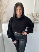 Missy Empire (M) Fekete Garbós Nyakú Rövid Derekú, Buggyos Ujjú, Kötött Felső