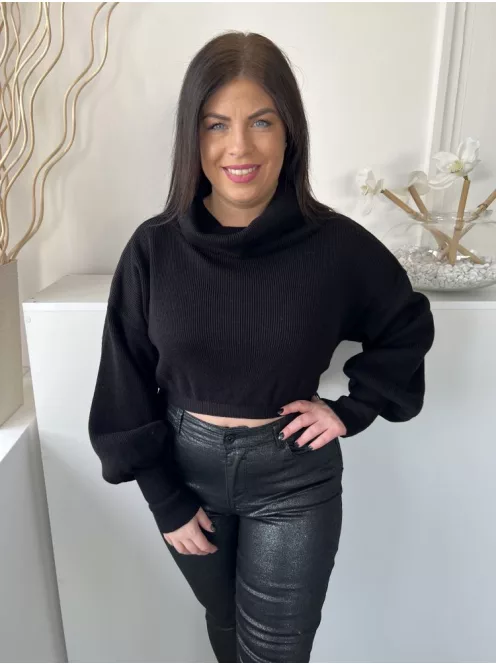 Missy Empire (M) Fekete Garbós Nyakú Rövid Derekú, Buggyos Ujjú, Kötött Felső