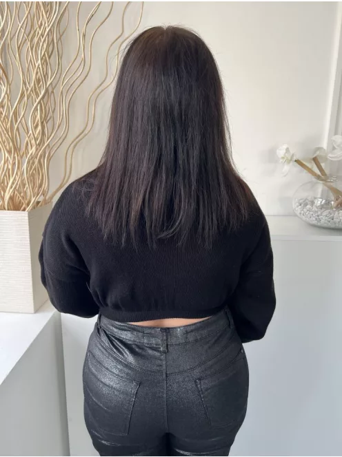 Missy Empire (M) Fekete Garbós Nyakú Rövid Derekú, Buggyos Ujjú, Kötött Felső