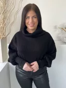 Missy Empire (M) Fekete Garbós Nyakú Rövid Derekú, Buggyos Ujjú, Kötött Felső