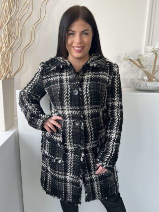   Phase Eight (L) Fekete-Fehér Kockás, Elől Végig Gombos Galléros, Zsebes, Buklé Kabát