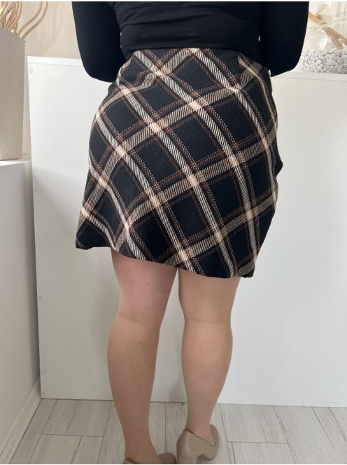 F&F (L) Fekete Barna Kockás, Oldalt Cipzáros Bélés Nélküli, Szövet Szoknya