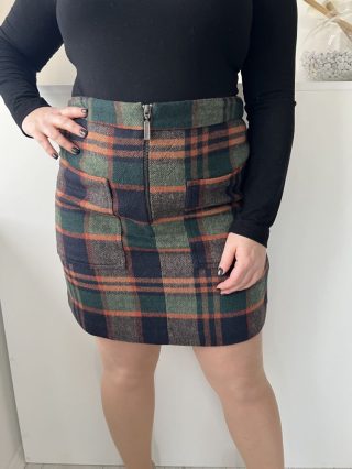   TU (L) Zöld-Kék-Narancs Kockás, Elől Cipzáros Zsebes, Szövet Szoknya