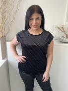 ÚJ M&Co (M) Fekete Csillogó Színes Szálas Kerek Nyakú, Tükörbársony Felső