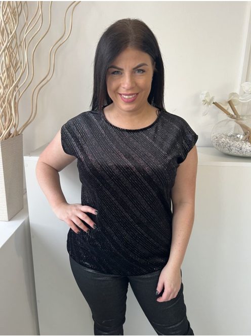 ÚJ M&Co (M) Fekete Csillogó Színes Szálas Kerek Nyakú, Tükörbársony Felső