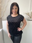 ÚJ M&Co (M) Fekete Csillogó Színes Szálas Kerek Nyakú, Tükörbársony Felső