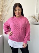 F&F (M) Rózsaszín Fehér Ingbetétes, Anyagában Mintás Kerek Nyakú, Buggyos Ujjú Felső