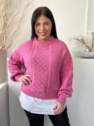   F&F (M) Rózsaszín Fehér Ingbetétes, Anyagában Mintás Kerek Nyakú, Buggyos Ujjú Felső