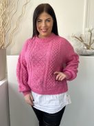 F&F (M) Rózsaszín Fehér Ingbetétes, Anyagában Mintás Kerek Nyakú, Buggyos Ujjú Felső