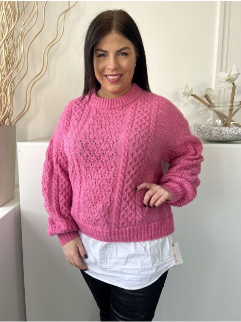 F&F (M) Rózsaszín Fehér Ingbetétes, Anyagában Mintás Kerek Nyakú, Buggyos Ujjú Felső