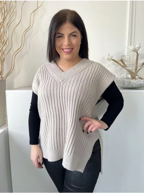 H&M (S) Szürkésbarna Anyagában Bordázott, Oldalt Sliccelt V Kivágású Felső